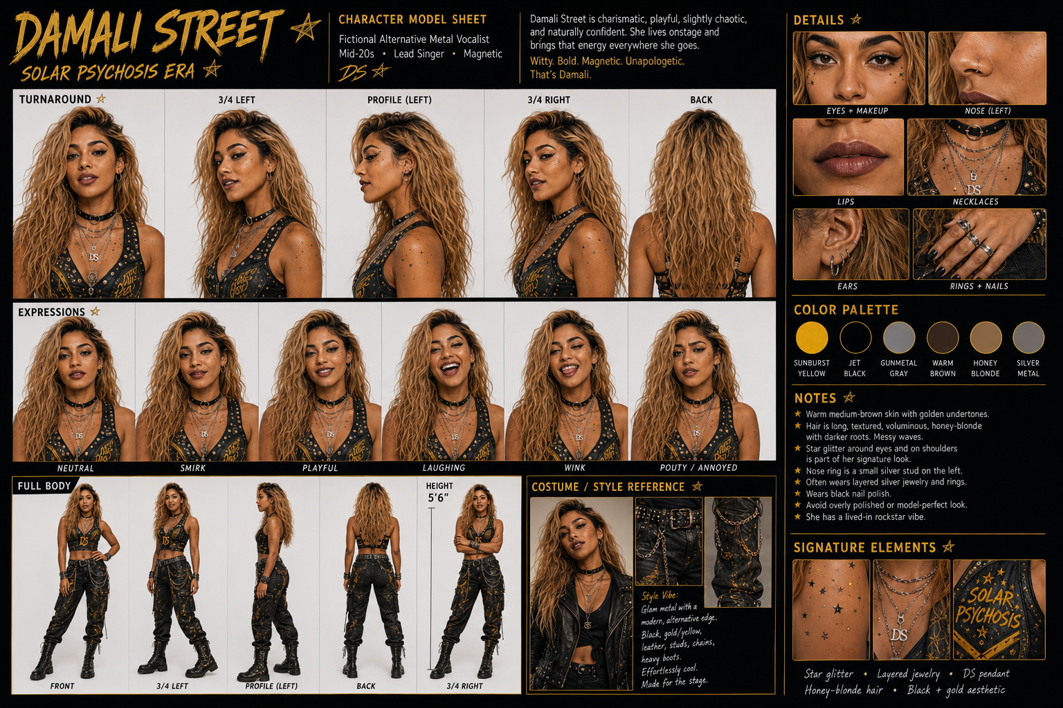 Damali Street Solar Psychosis era character model sheet showing turnarounds, expressions, details, full-body views, costume references, colors, and signature elements