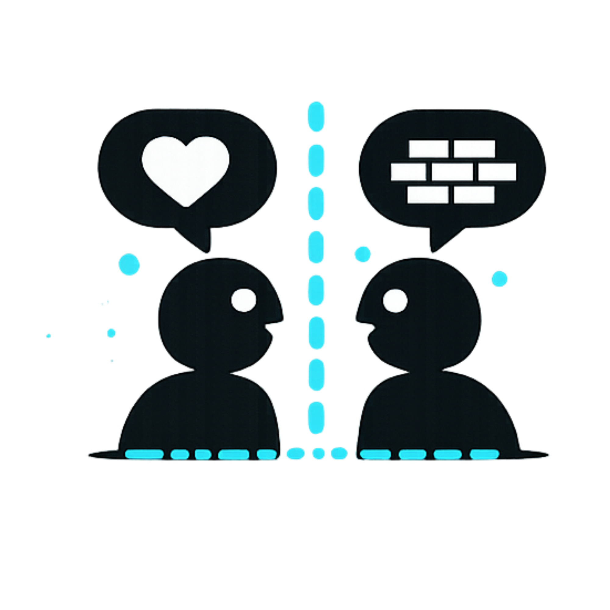 A pictogram of two people separated by a cyan boundary line with heart and brick-wall symbols.