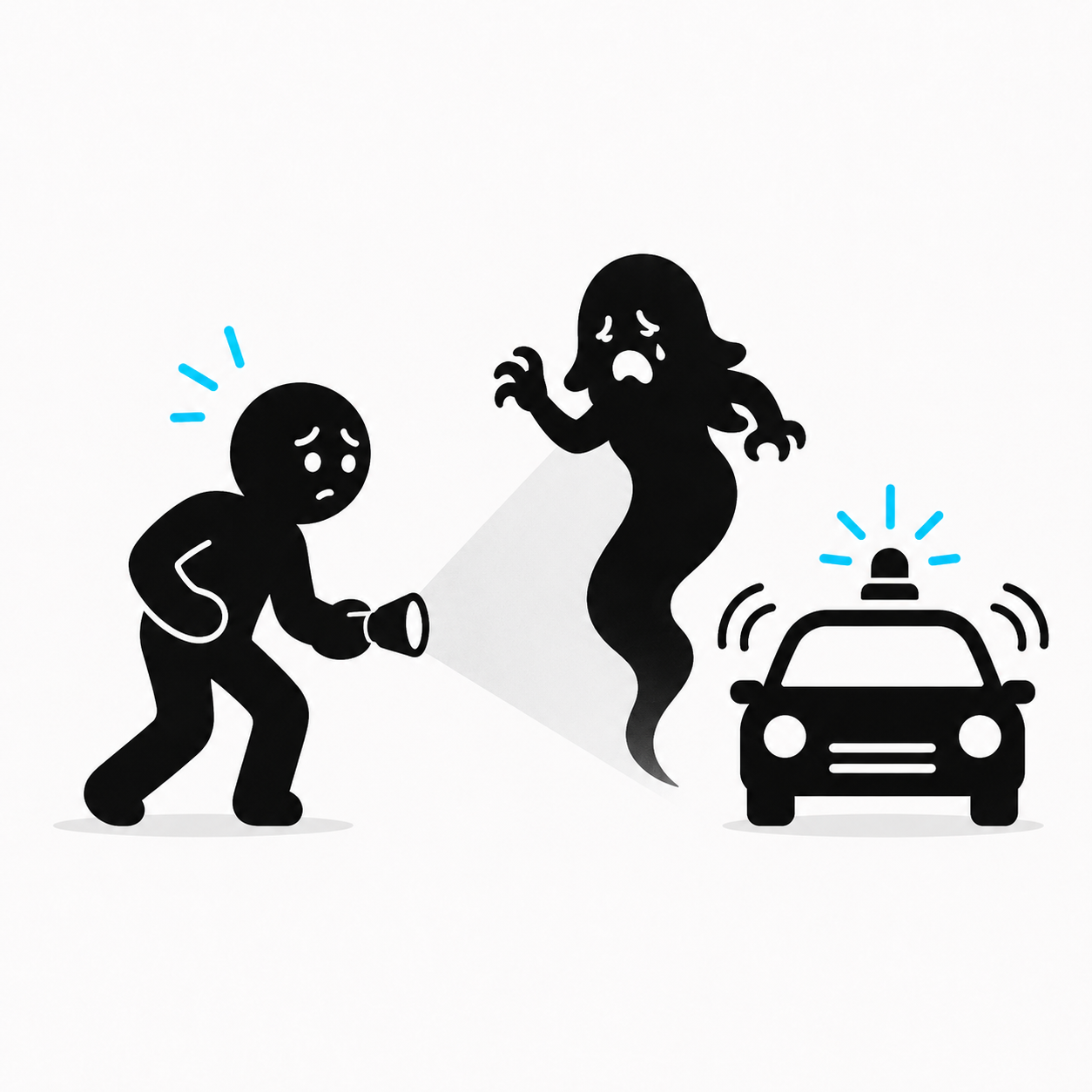 A pictogram showing a survivor dimming a flashlight near a hidden threat while a nearby car alarm signals consequences.