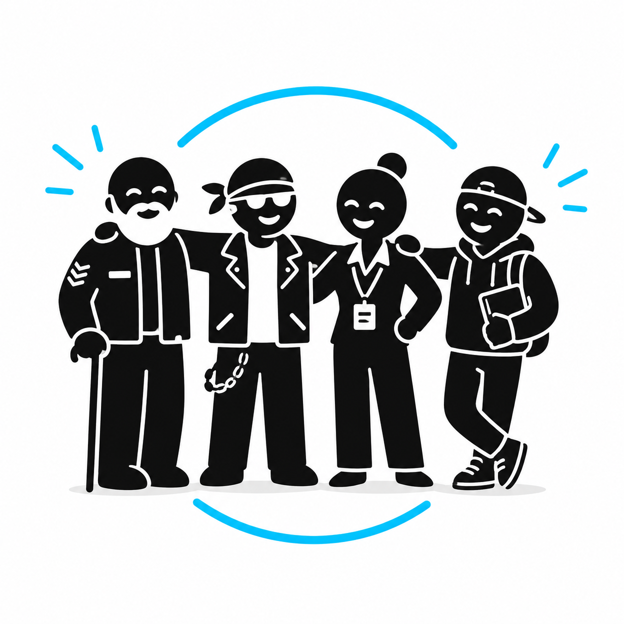 A pictogram of four visibly different teammates connected as one survival unit.