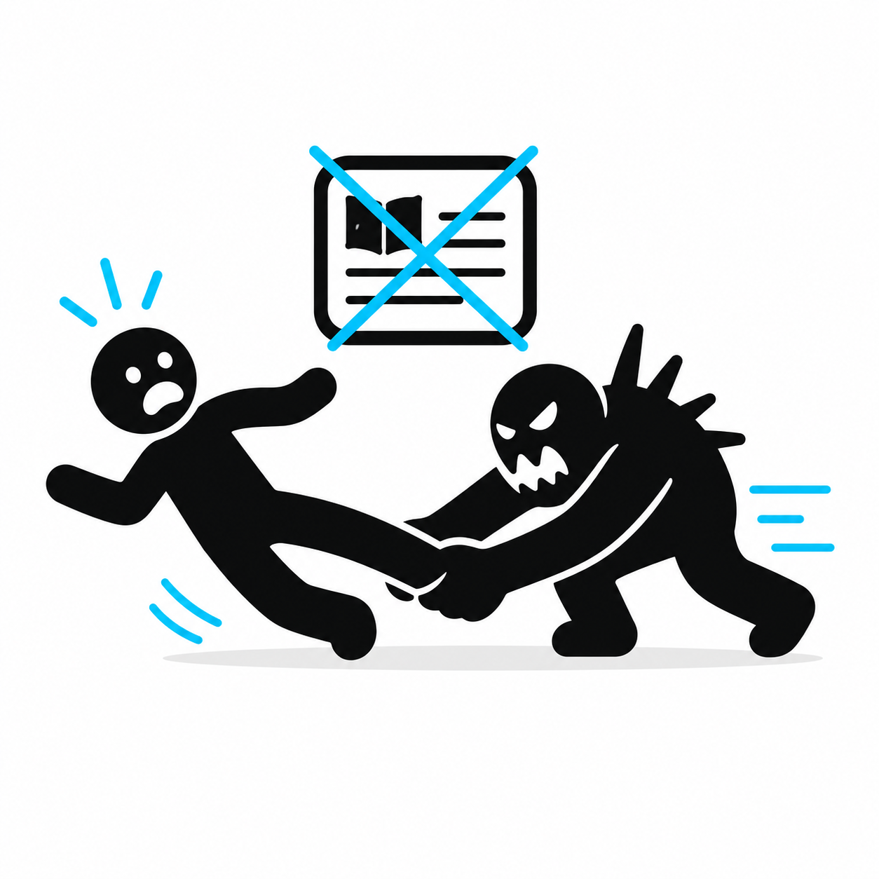 A simple pictogram showing a survivor learning from an attack while a tutorial box is crossed out.