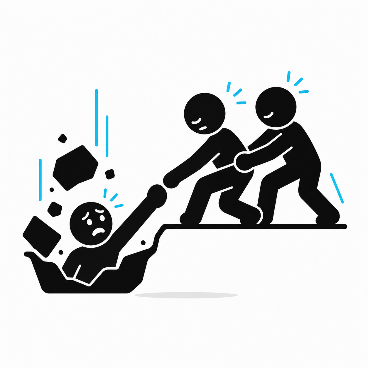 A pictogram showing two teammates pulling a trapped survivor to safety.