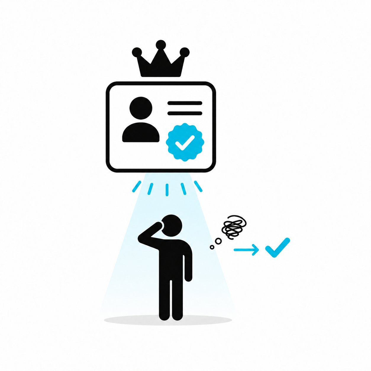 A pictogram showing an authority figure on a stage framed by official titles, branding, and a compliance podium.