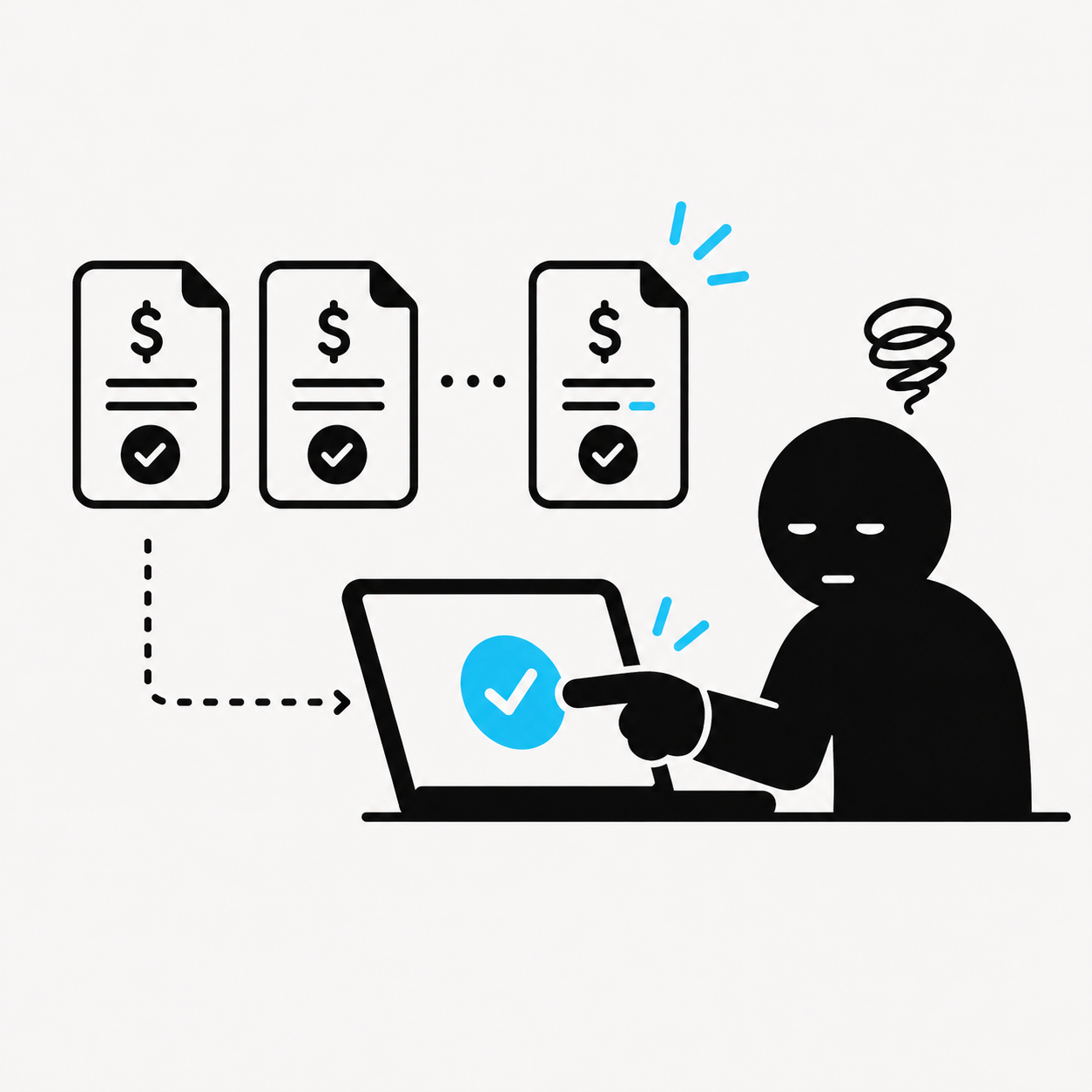 A pictogram showing a row of nearly identical invoices on a conveyor belt, with one altered routing number.