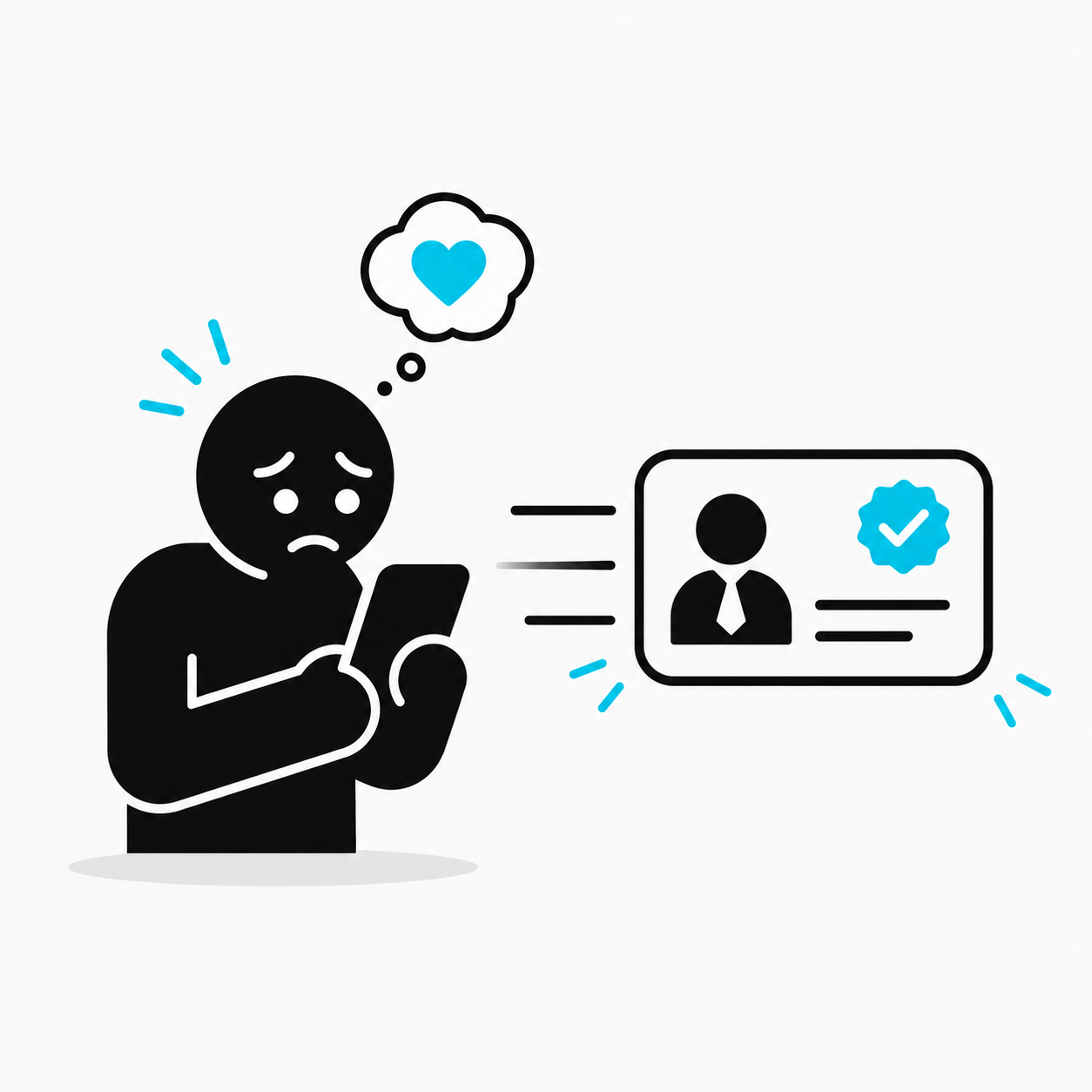 A pictogram showing a scam message entering a trusted email thread and receiving a counterfeit VIP credential.
