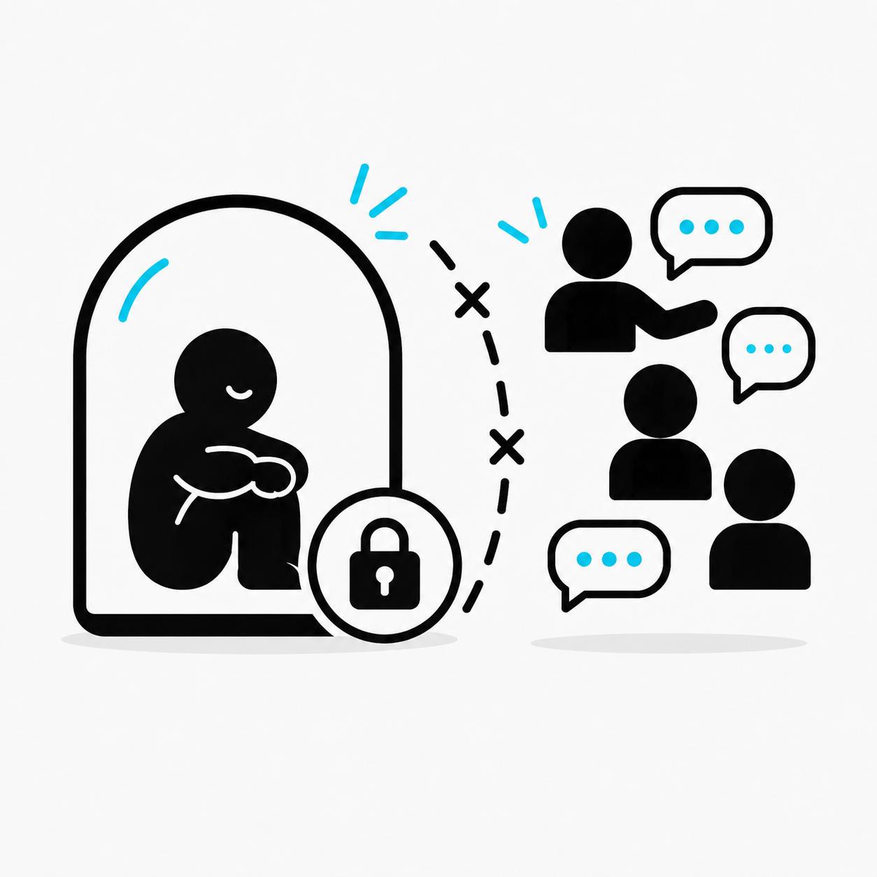 A pictogram showing an employee isolated inside a confidential bubble while coworkers and second opinions remain outside.